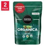 Zavida Organica Dark Whole Bean Coffee 2 x 907g bag showing Rainforest Alliance Certified, Canada Organic, and USDA Organic certification badges