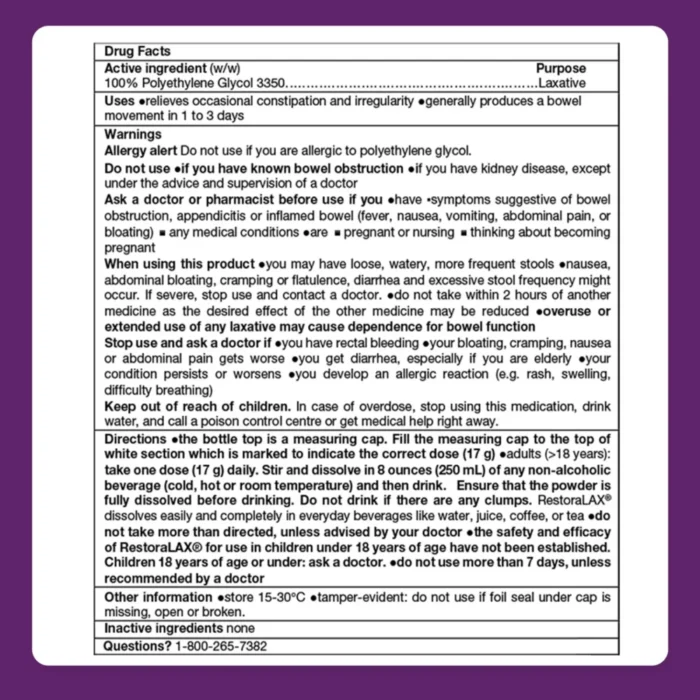 RestoraLAX Laxative PEG 3350 Relief, 2 x 36 Doses - Image 2