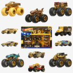 Hot Wheels Monster Trucks Trophy Champions 50th Anniversary Bigfoot gold die-cast multipack with all 11 vehicles beside the retail package