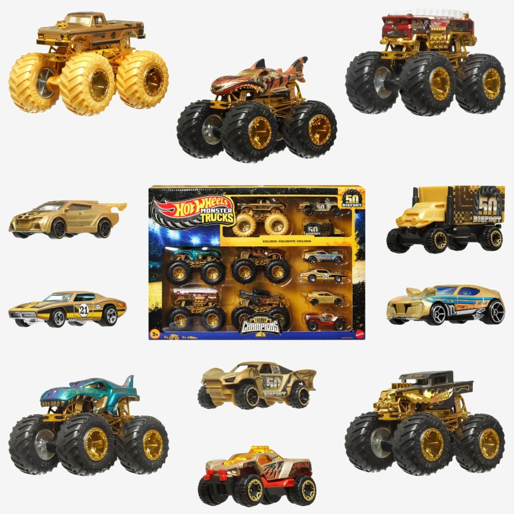 Monster Truck Toy Multipack Hot Wheels Monster Trucks Trophy Champions 50th Anniversary Bigfoot gold die-cast multipack with all 11 vehicles beside the retail package