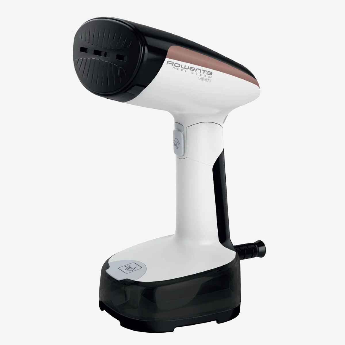 Rowenta X-cel Compact Handheld Steamer Rowenta X-cel steamer standing upright on its base with the foldable head extended, showing the black, white, and rose-gold design