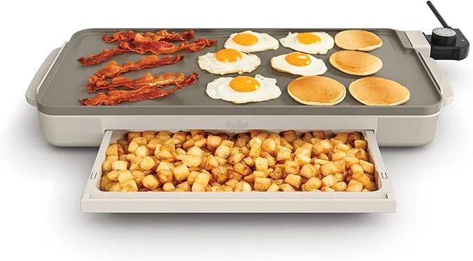 Bella Ceramic XL Griddle Cooking Surface Alt: Bella Ceramic XL griddle cooking pancakes and eggs