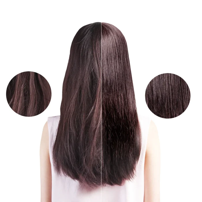 Before and after hair straightening results using KIORA brush
