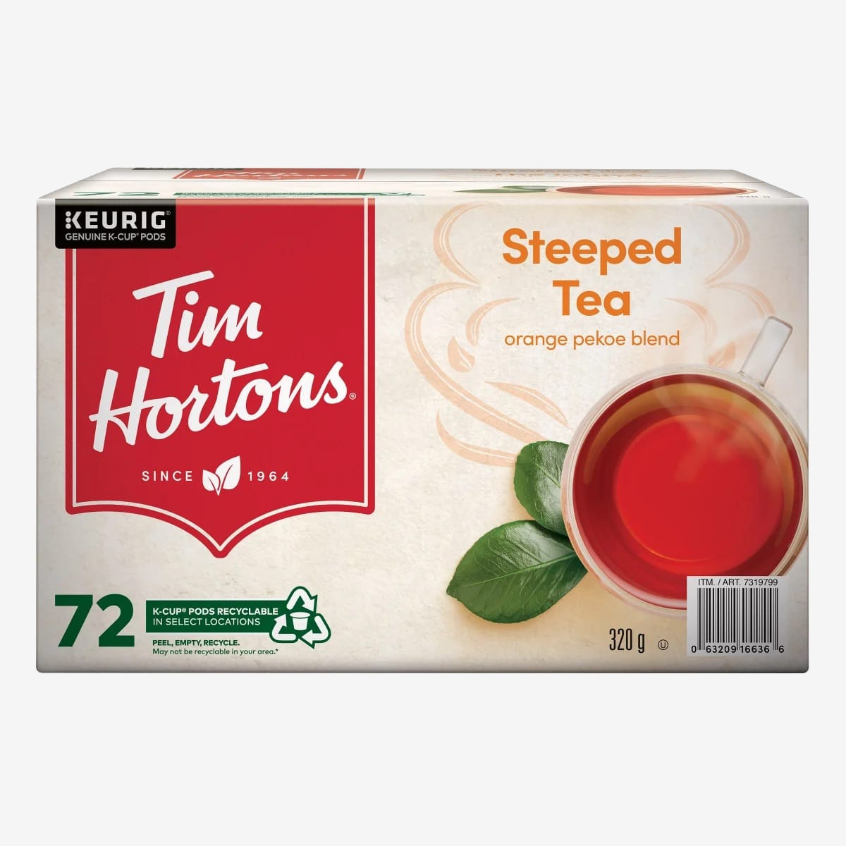 Tim Hortons Steeped Tea Keurig K-Cup box front view Front view of Tim Hortons Steeped Tea Keurig K-Cup box, 72-count package