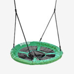 GobaPlay FlyMax 40 inch round saucer tree swing with green padded rim and mesh seat, hanging by black adjustable ropes