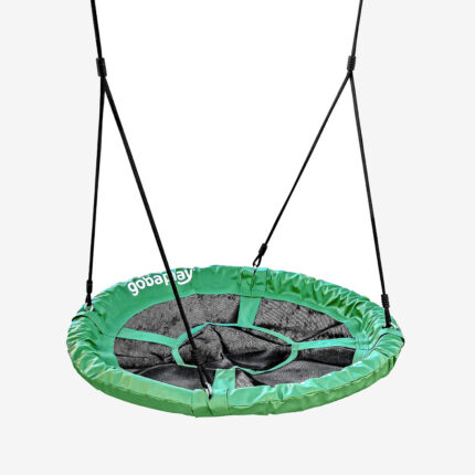GobaPlay FlyMax 40 inch round saucer tree swing with green padded rim and mesh seat, hanging by black adjustable ropes