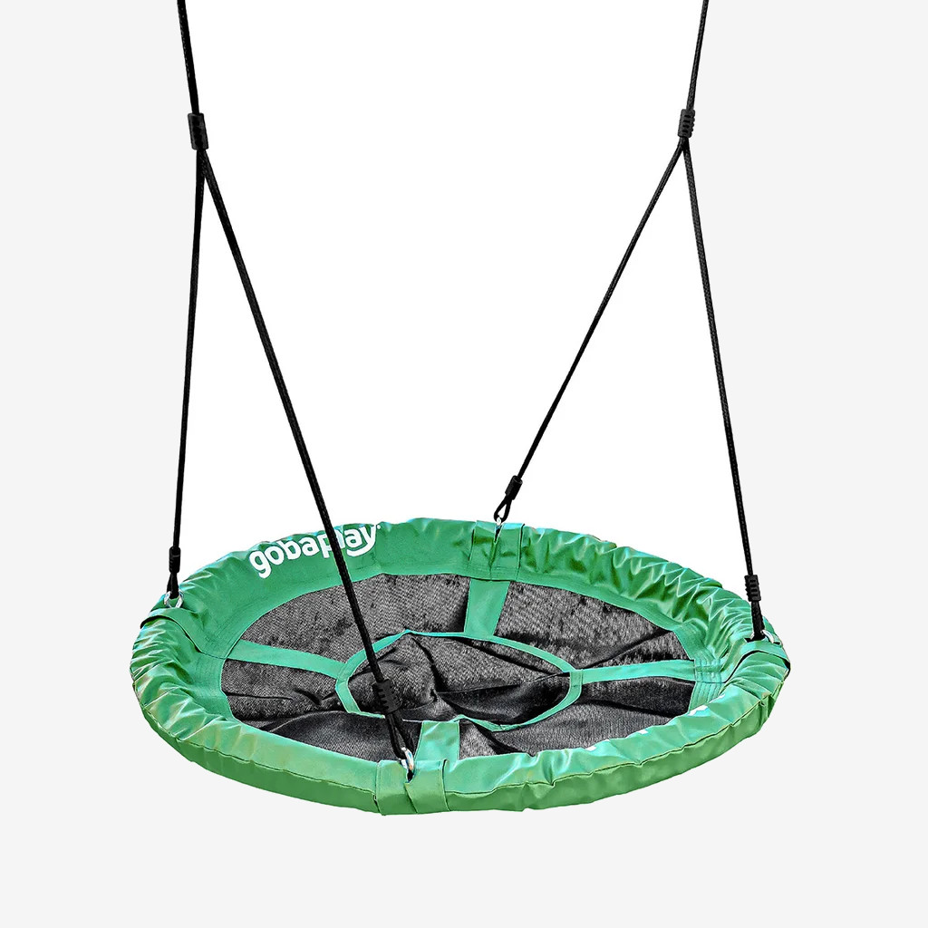 GobaPlay Saucer Tree Swing 40” GobaPlay FlyMax 40 inch round saucer tree swing with green padded rim and mesh seat, hanging by black adjustable ropes