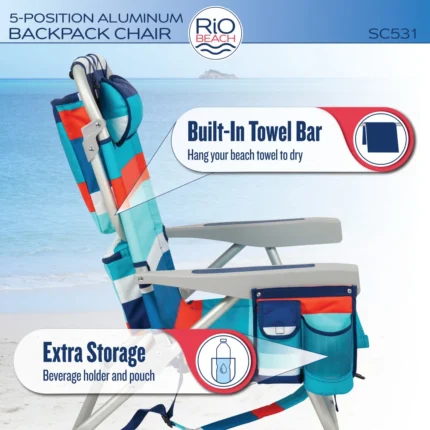 RIO Backpack Beach Chair, 2-Pack infographic showing built-in towel bar and beverage holder pouch