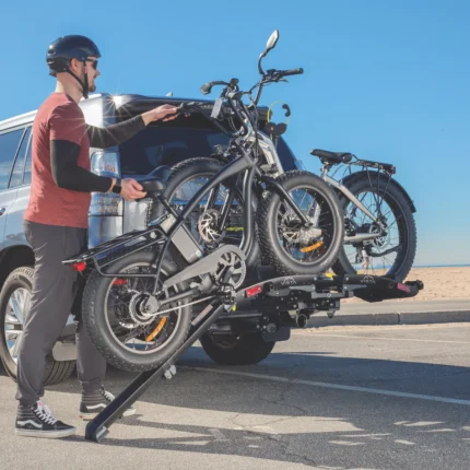 E-bike rack with loading ramp for easy transport of heavy bikes