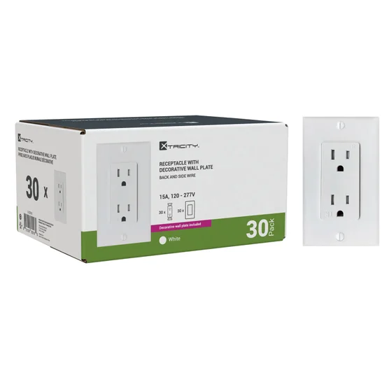 Xtricity white tamper resistant duplex receptacle with decorative wall plate 30 pack Xtricity white tamper resistant duplex receptacle with decorative wall plate 30 pack