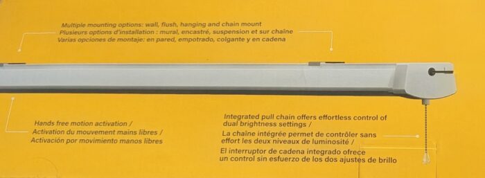 Product packaging diagram of the KODA LED shop light highlighting multiple mounting options, hands-free motion activation, and an integrated pull chain for dual brightness settings