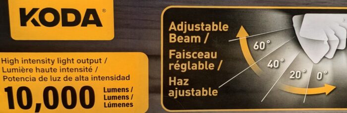 KODA product packaging highlighting 10,000 lumens high-intensity light output alongside a graphic demonstrating the 0 to 60 degree adjustable beam feature
